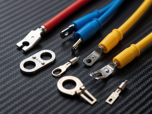 Automotive wiring harness components showing vehicle-specific cable assemblies with mounting brackets and specialized connectors