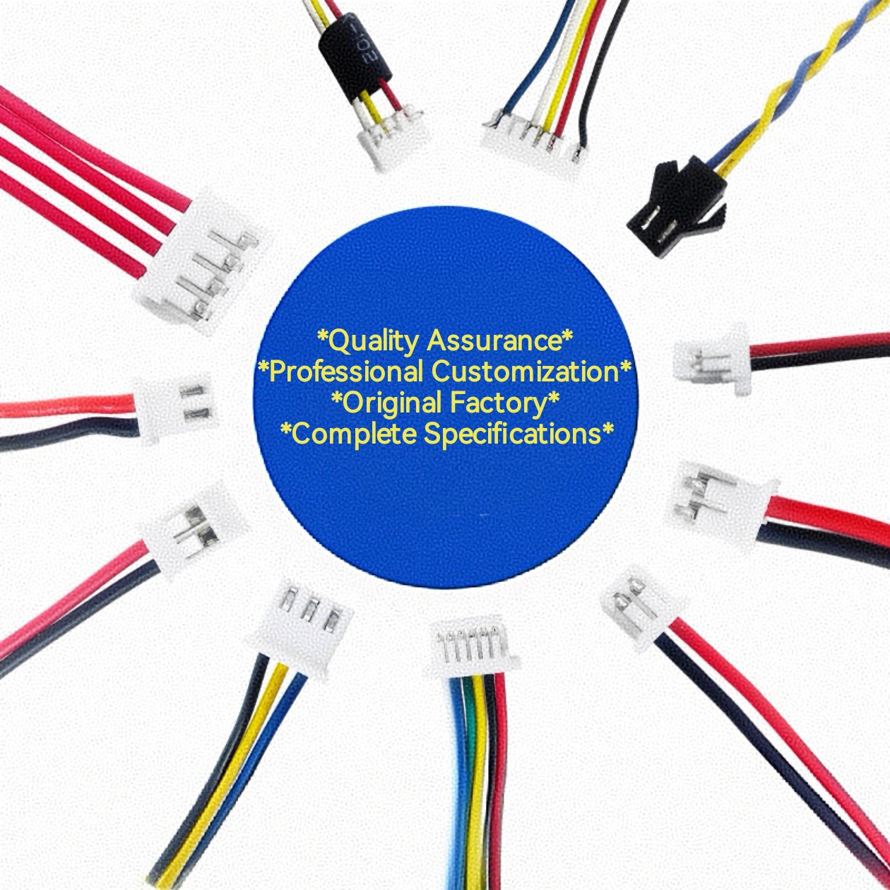 Various terminal wires and connectors displayed on white background, showing different sizes and configurations with metal contacts and plastic housings